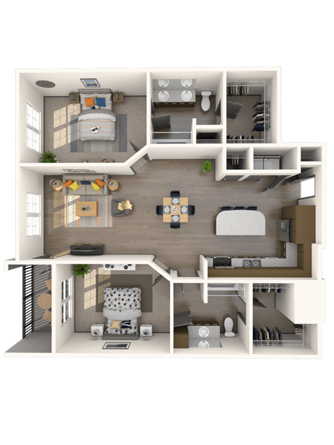 Floor plan for 2 beds, 2 baths, 1340 sqft